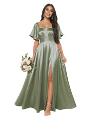 Satin square neck short-sleeved long evening dress, multiple colors available, sister group toast dress, annual meeting host, classy banquet