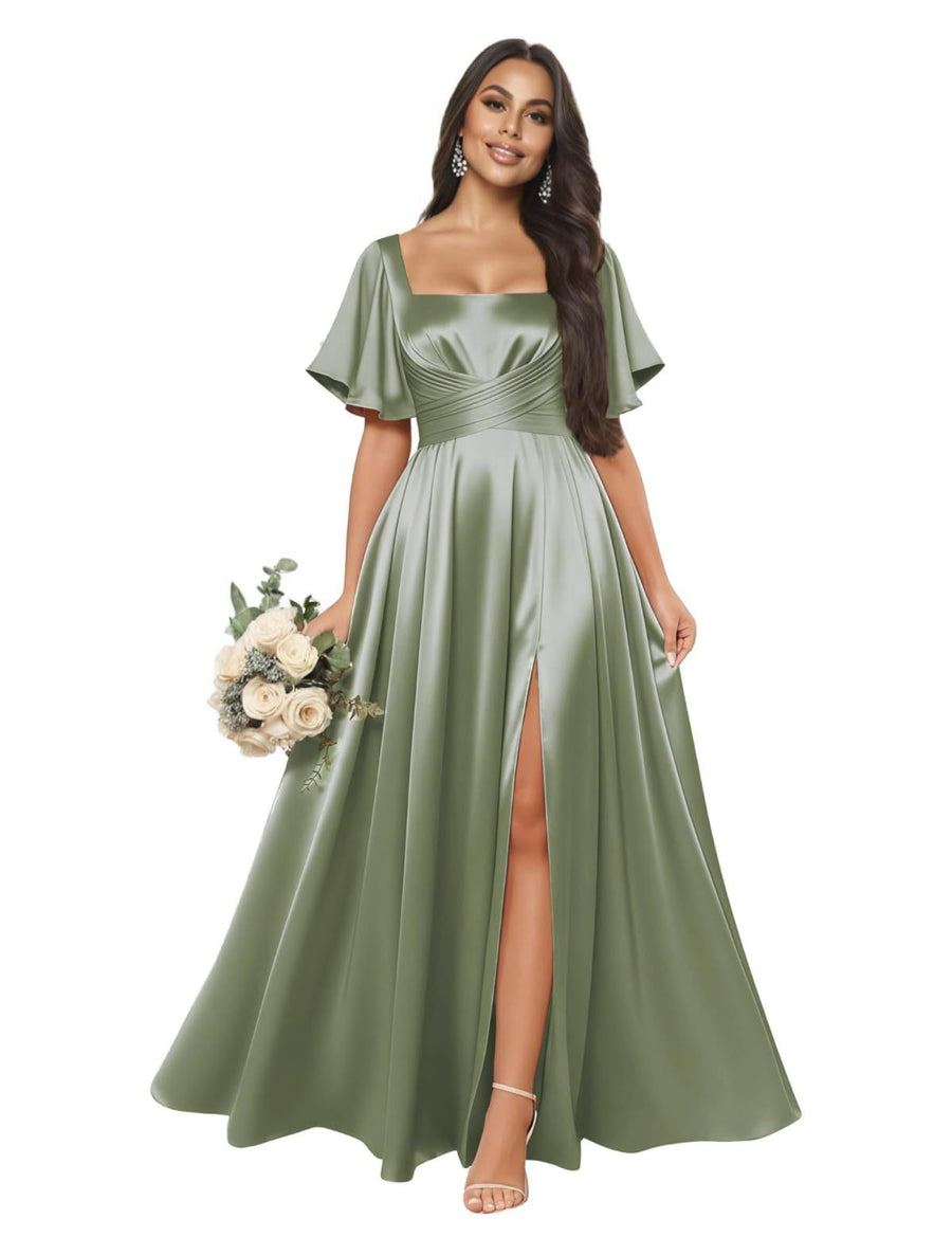 Satin square neck short-sleeved long evening dress, multiple colors available, sister group toast dress, annual meeting host, classy banquet