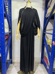 High-Neck Cape Evening Gown — Cross-Over Draping with a Flowing Pleated Skirt