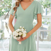 2026 cross-border gentle style v-neck pleated chiffon bridesmaid dress ruffle short-sleeved asymmetrical skirt party