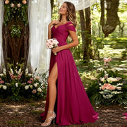 Off-the-shoulder bridesmaid dresses - long, slit, chiffon evening gowns for dinner parties, proms, and sisterhood events