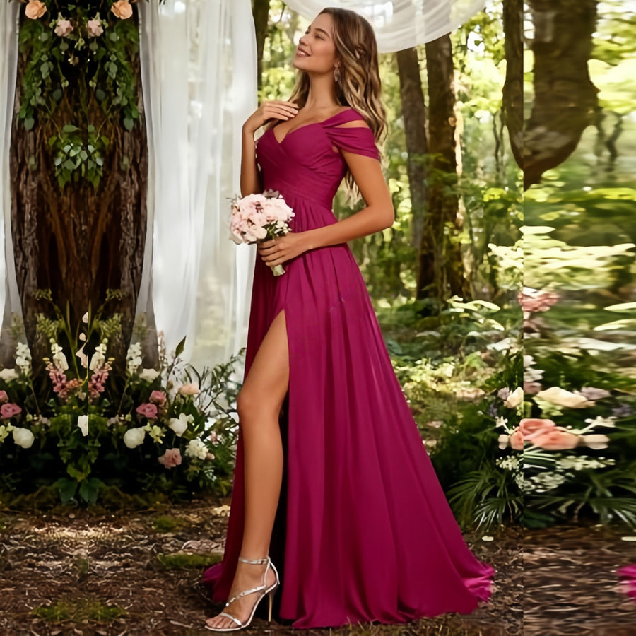 Off-the-shoulder bridesmaid dresses - long, slit, chiffon evening gowns for dinner parties, proms, and sisterhood events