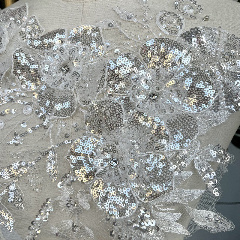White Rhinestone 3D Flower Appliqué – High-End Embroidered Dress Embellishment & Bridal Accessory (Z43)