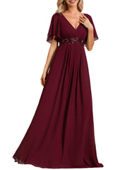 European and american style v-neck chiffon long bridesmaid dress, butterfly sleeve cinched waist slimming evening gown, party hostess dress