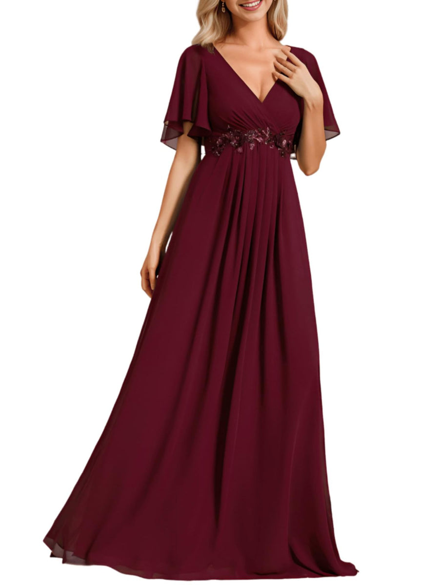 European and american style v-neck chiffon long bridesmaid dress, butterfly sleeve cinched waist slimming evening gown, party hostess dress
