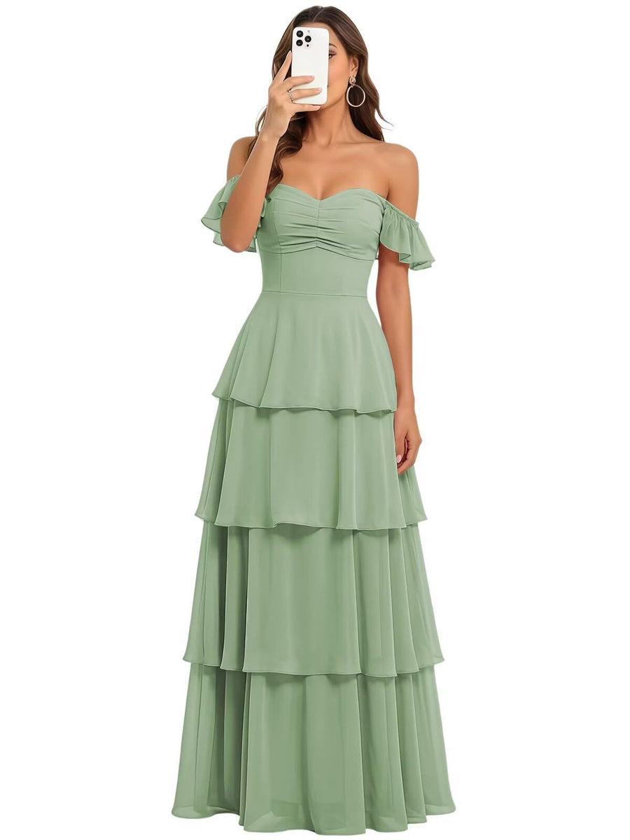 Fairy new arrival mori style bridesmaid dress women's long fairy elegant chiffon cake skirt one shoulder backless strap evening dress