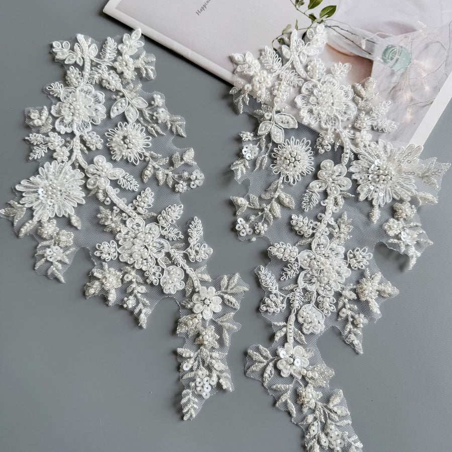 White Embroidered Beaded Lace Appliqué - DIY Bridal Headdress & Wedding Dress Accessory