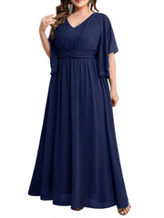 Plus size women's v-neck high-waisted a-line long evening gown/party dress - slimming and flattering - perfect for curvy moms (cross-border)