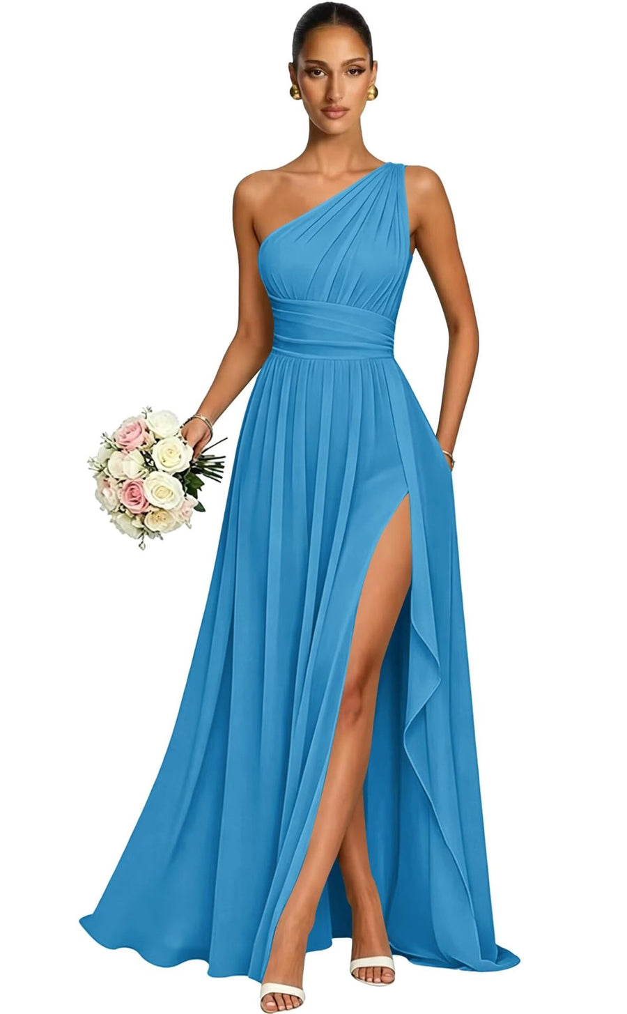 One shoulder chiffon long bridesmaid dress slit evening dress female sister group toast dress graduation performance dress factory direct supply