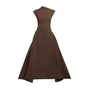High-Neck A-Line Midi Dress — Sculpted Shoulders with an Asymmetric Hem