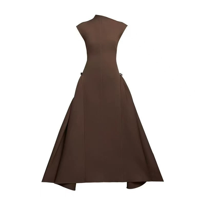High-Neck A-Line Midi Dress — Sculpted Shoulders with an Asymmetric Hem