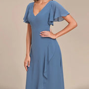 2026 cross-border gentle style v-neck pleated chiffon bridesmaid dress ruffle short-sleeved asymmetrical skirt party