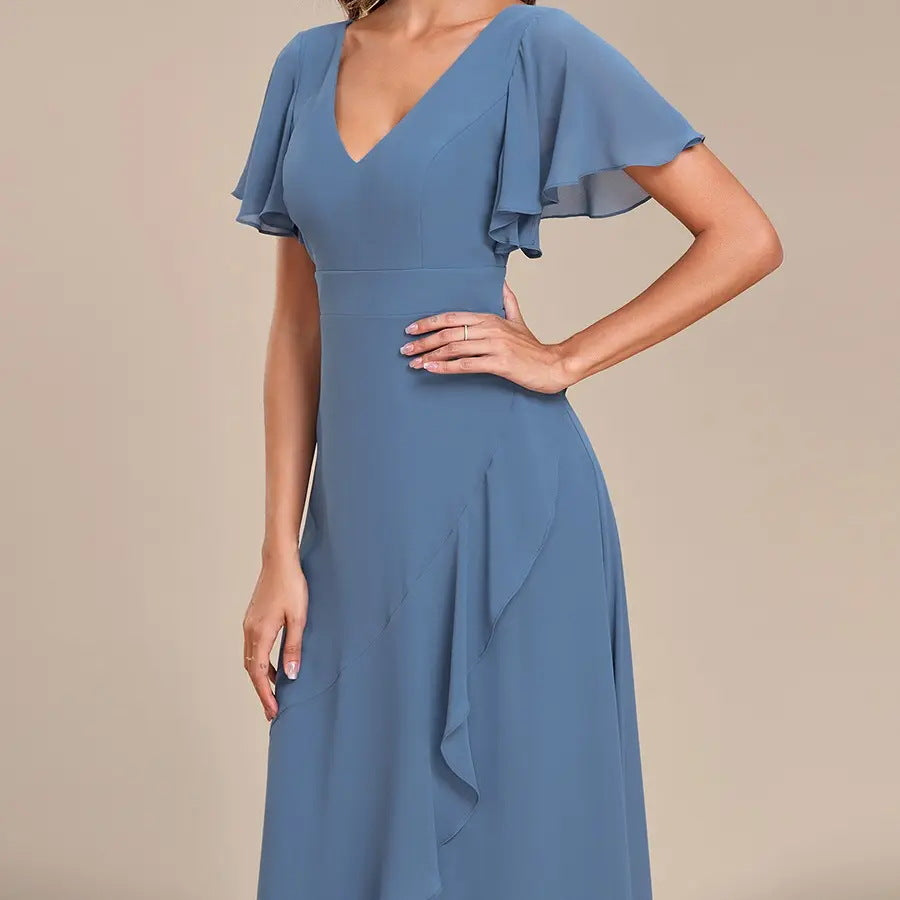 2026 cross-border gentle style v-neck pleated chiffon bridesmaid dress ruffle short-sleeved asymmetrical skirt party