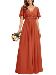 European and american style v-neck chiffon long bridesmaid dress, butterfly sleeve cinched waist slimming evening gown, party hostess dress