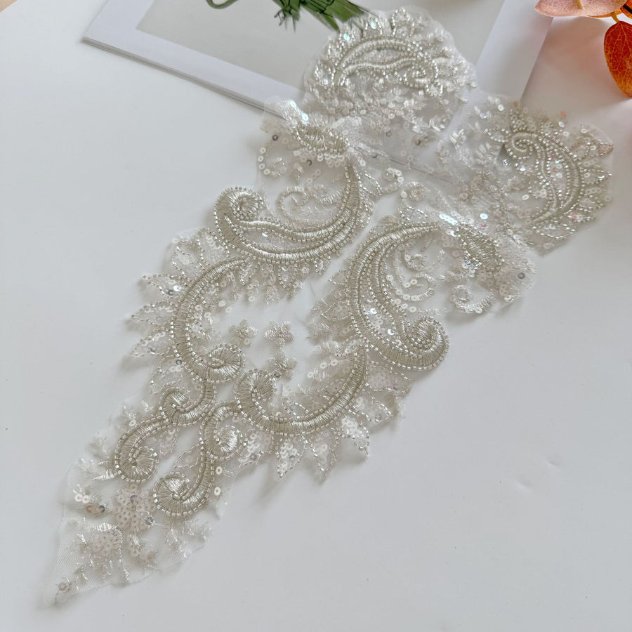 Zh442 silver bead tube embroidered flower - material for veils, diy wedding dress accessories, and clothing skirts