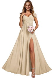 Off-the-shoulder bridesmaid dresses - long, slit, chiffon evening gowns for dinner parties, proms, and sisterhood events