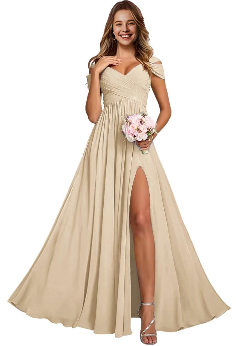 Off-the-shoulder bridesmaid dresses - long, slit, chiffon evening gowns for dinner parties, proms, and sisterhood events
