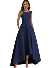 Women's solid color satin sleeveless fitted evening gown for export - amazon style cocktail party bridesmaid dress - high-low hem