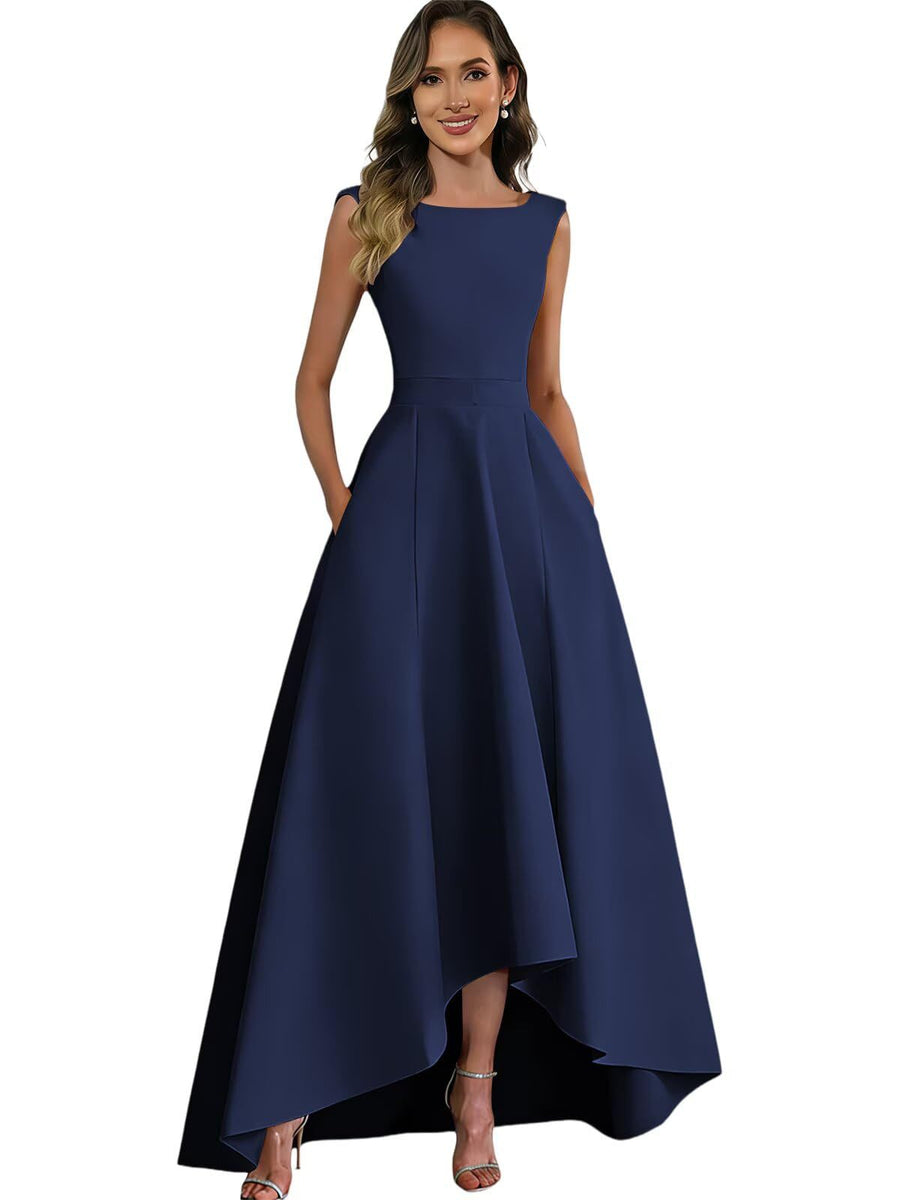 Women's solid color satin sleeveless fitted evening gown for export - amazon style cocktail party bridesmaid dress - high-low hem