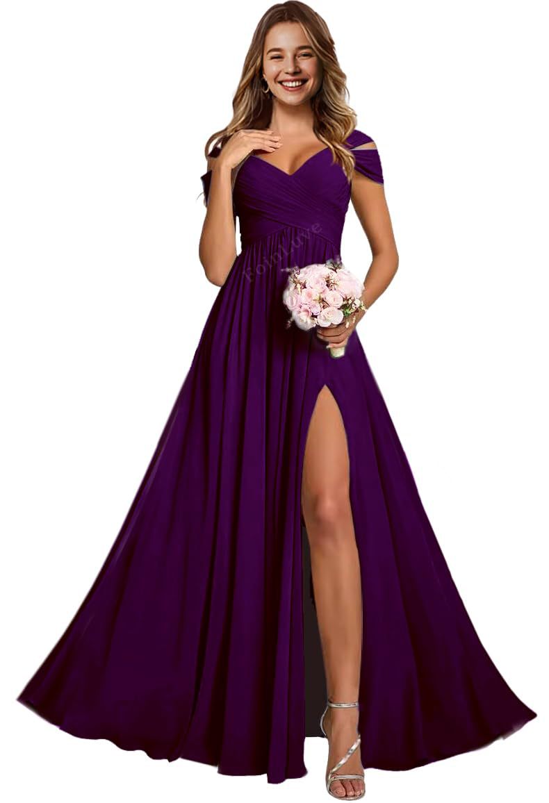 Off-the-shoulder bridesmaid dresses - long, slit, chiffon evening gowns for dinner parties, proms, and sisterhood events