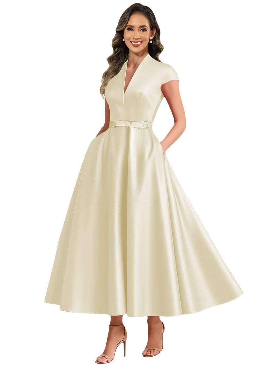Fashion aliexpress export satin short banquet dress party bows evening dress wedding ladieswear church