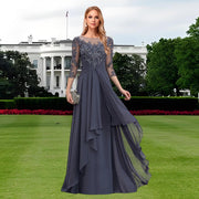 Chiffon lace patchwork mid-sleeve evening gown - round neck a-line floor-length dress - perfect for mothers, mothers-in-law, and hostesses