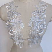 1 pair of silver lace beaded flower patch 3D embroidery applique for wedding neckline decoration