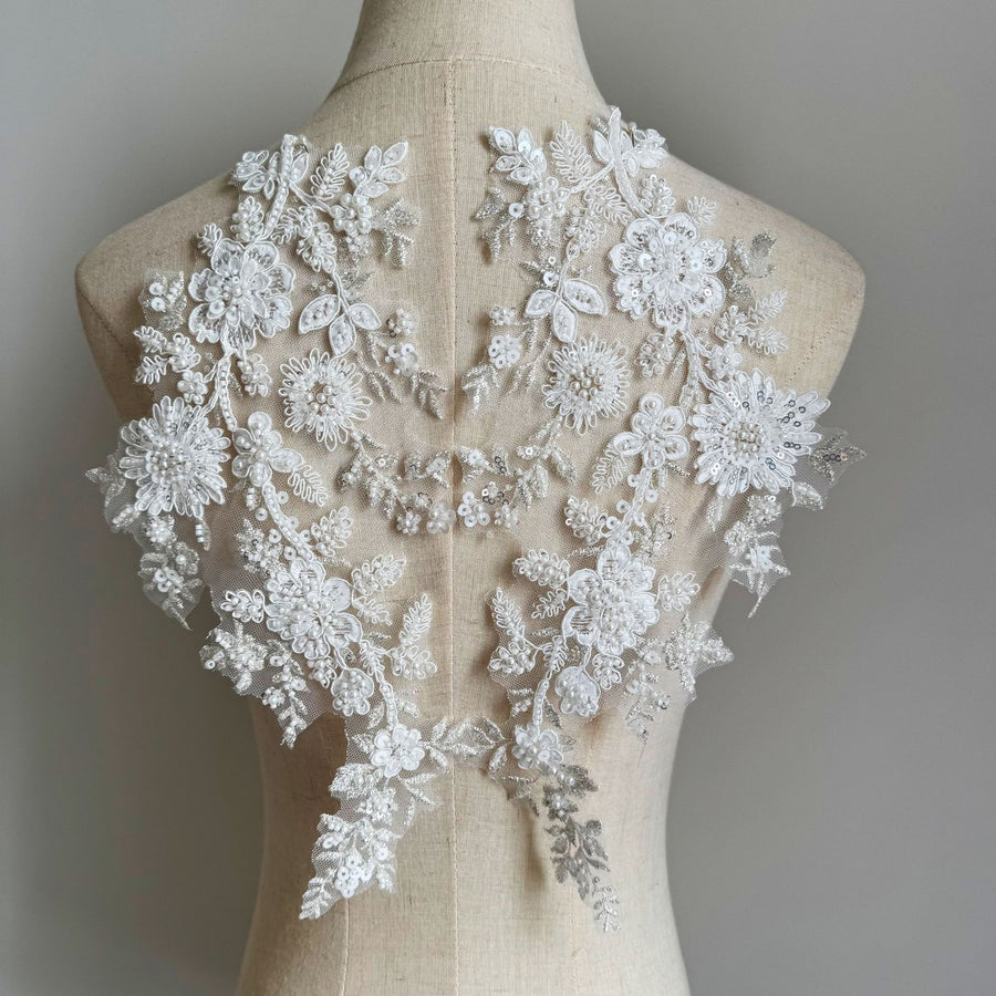Zh430 white beaded embroidered lace rhinestone appliqué mesh fabric for wedding dresses, evening gowns, and apparel decoration
