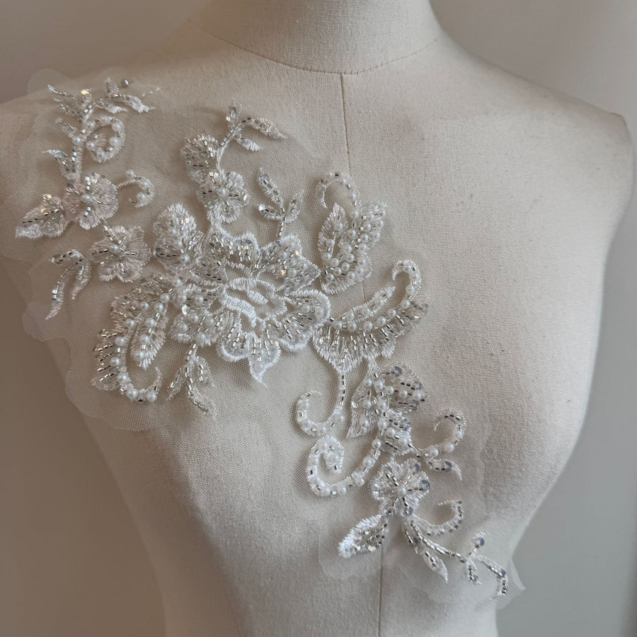 Mesh white beaded lace embroidered diy mom outfit clothing patch applique embroidery applique piece d90 single