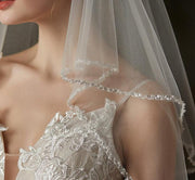 Beige double-layer beaded bridal veil with sequined metal comb mid-length elegant chiffon tulle