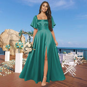 Satin square neck short-sleeved long evening dress, multiple colors available, sister group toast dress, annual meeting host, classy banquet