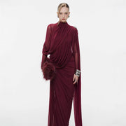 High-Neck Cape Evening Gown — Dramatic Draping with a Trailing Cape
