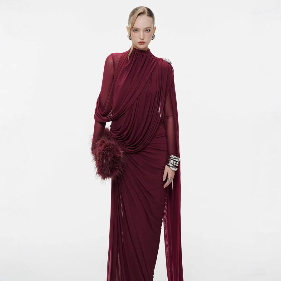 High-Neck Cape Evening Gown — Dramatic Draping with a Trailing Cape