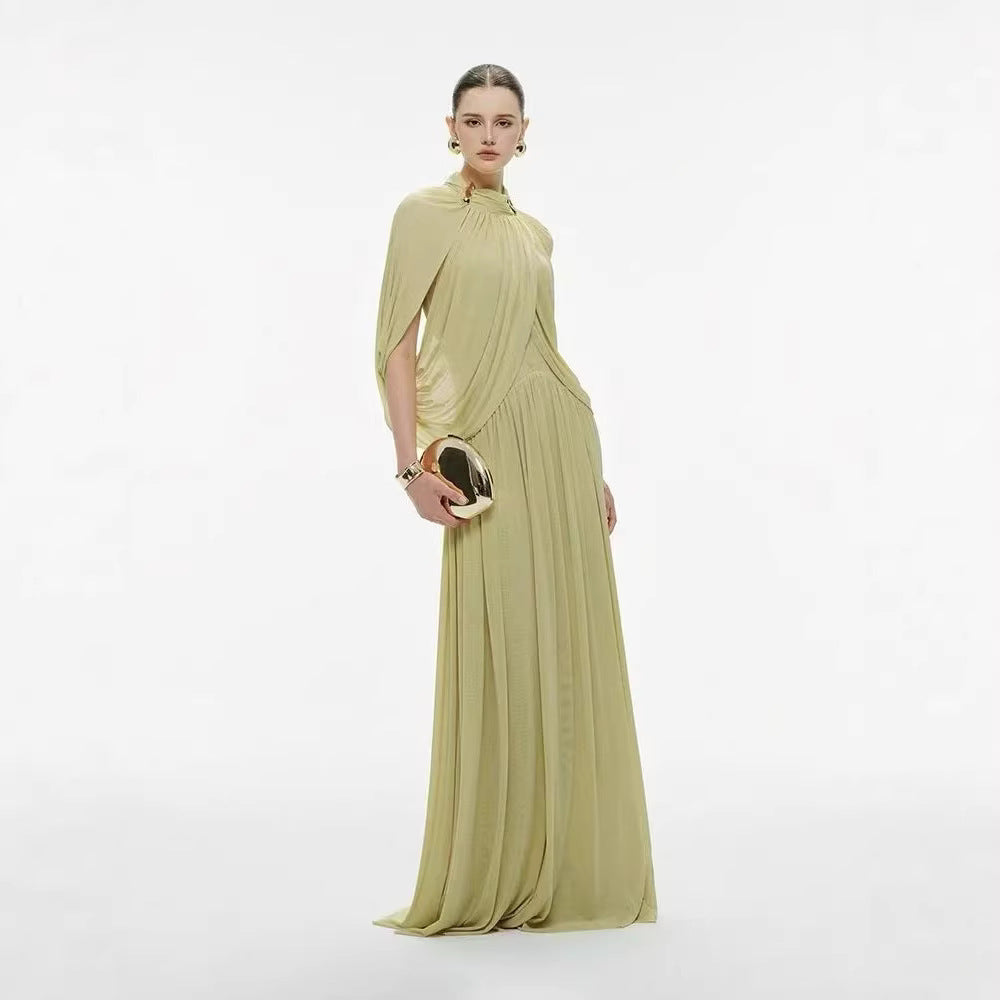 High-Neck Cape Evening Gown — Cross-Over Draping with a Flowing Pleated Skirt