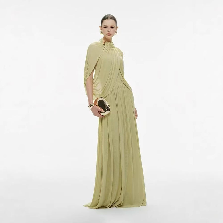 High-Neck Cape Evening Gown — Cross-Over Draping with a Flowing Pleated Skirt