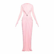 Long-Sleeve Ruched Maxi Dress — Sculpted Draping with a Jewel-Detail Waist