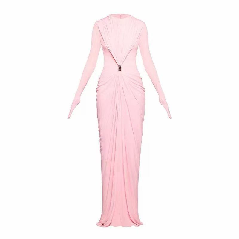 Long-Sleeve Ruched Maxi Dress — Sculpted Draping with a Jewel-Detail Waist