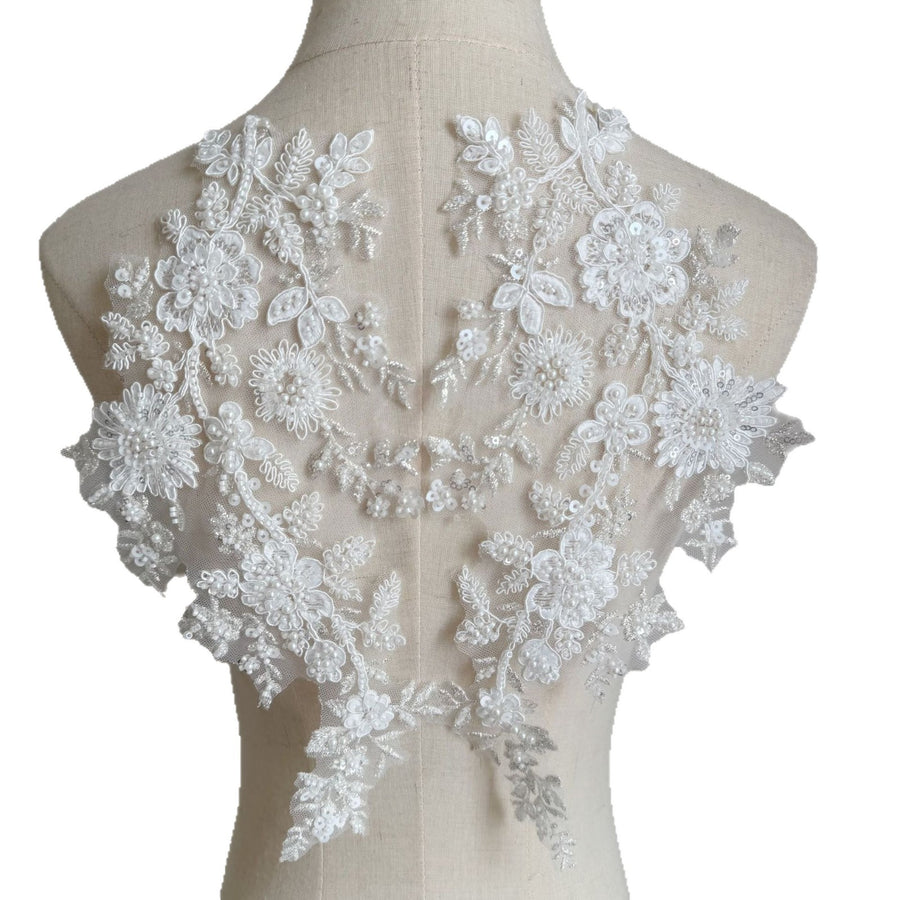 Zh430 white beaded embroidered lace rhinestone appliqué mesh fabric for wedding dresses, evening gowns, and apparel decoration