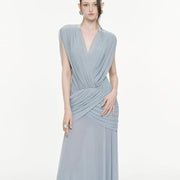 V-Neck Draped Evening Gown — Cross-Over Hip Pleats with a Flowing Skirt