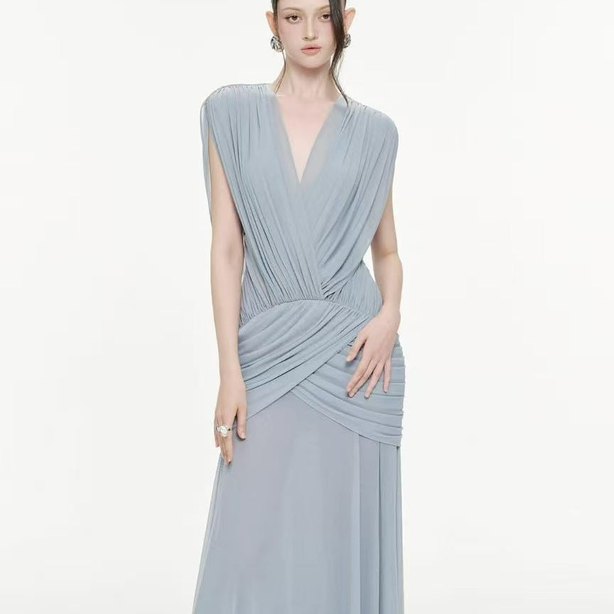 V-Neck Draped Evening Gown — Cross-Over Hip Pleats with a Flowing Skirt