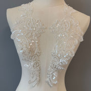 Zh295 pair of off-white sequin embroidered appliqué flowers for wedding dresses and evening gowns - decorative lace floral fabric patches