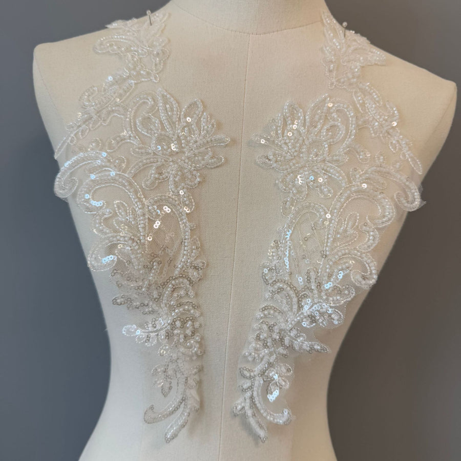 Zh295 pair of off-white sequin embroidered appliqué flowers for wedding dresses and evening gowns - decorative lace floral fabric patches