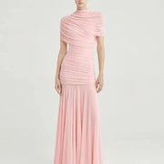 High-Neck Ruched Evening Gown — Draped Shoulders with a Fluid Full-Length Skirt