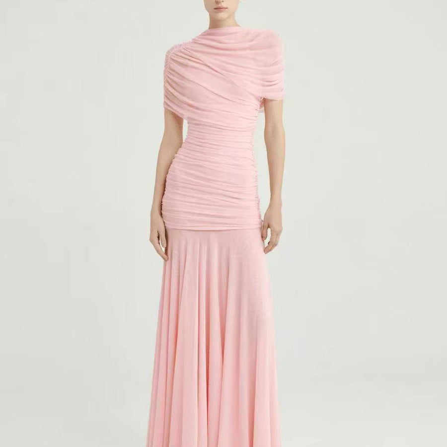 High-Neck Ruched Evening Gown — Draped Shoulders with a Fluid Full-Length Skirt