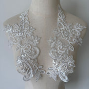 White Beaded Floral Lace Appliqué Pair – DIY Wedding Dress Front & Back Panel and Bridal Veil Embellishment (ZH361)