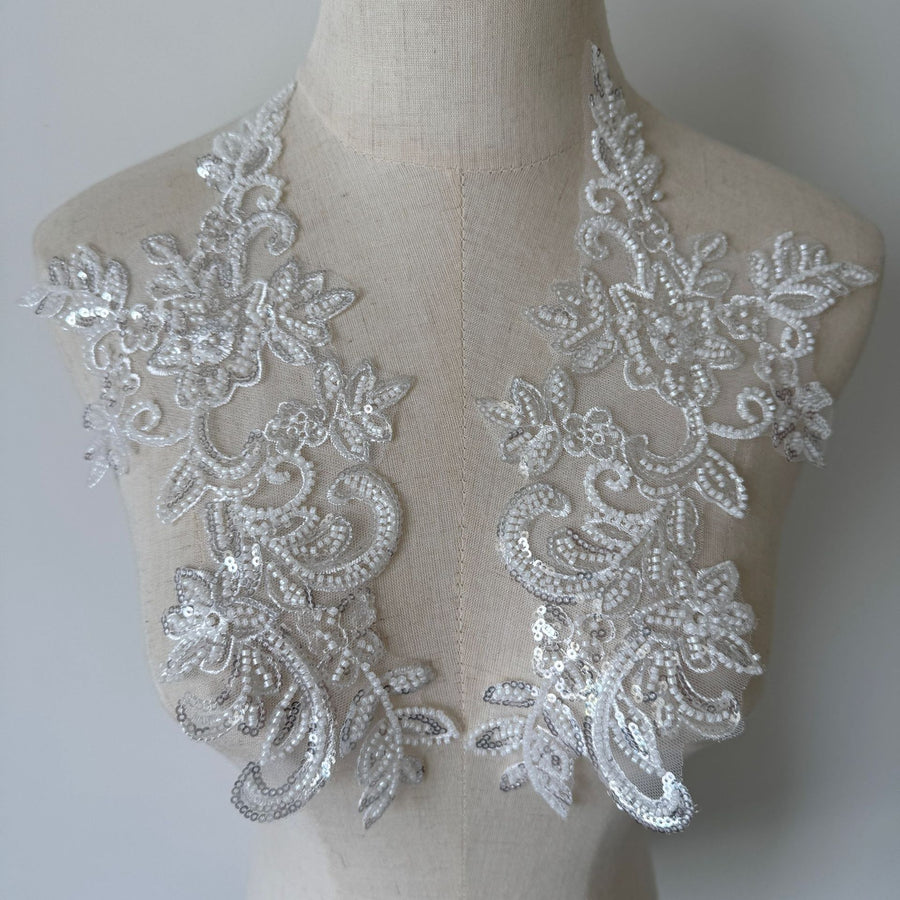White Beaded Floral Lace Appliqué Pair – DIY Wedding Dress Front & Back Panel and Bridal Veil Embellishment (ZH361)