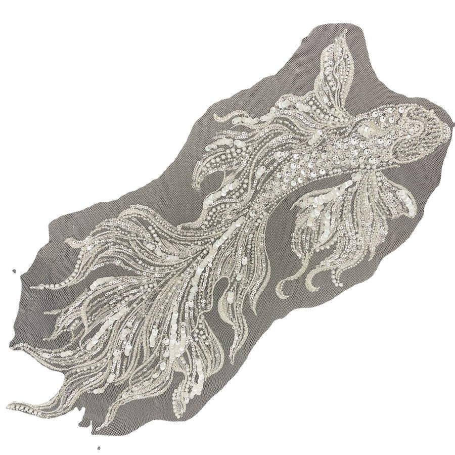 Goldfish Flower Sequin 3D Beaded Appliqué – Silver & White Fabric Patch for Wedding Dresses, Evening Gowns & Stage Costumes