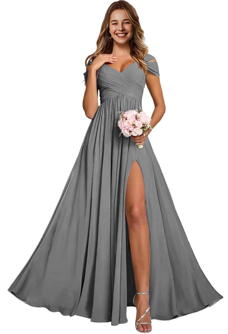 Off-the-shoulder bridesmaid dresses - long, slit, chiffon evening gowns for dinner parties, proms, and sisterhood events