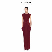 High-Neck Draped Maxi Dress — A Subtle Cut-Out with Sculptural Hip Folds