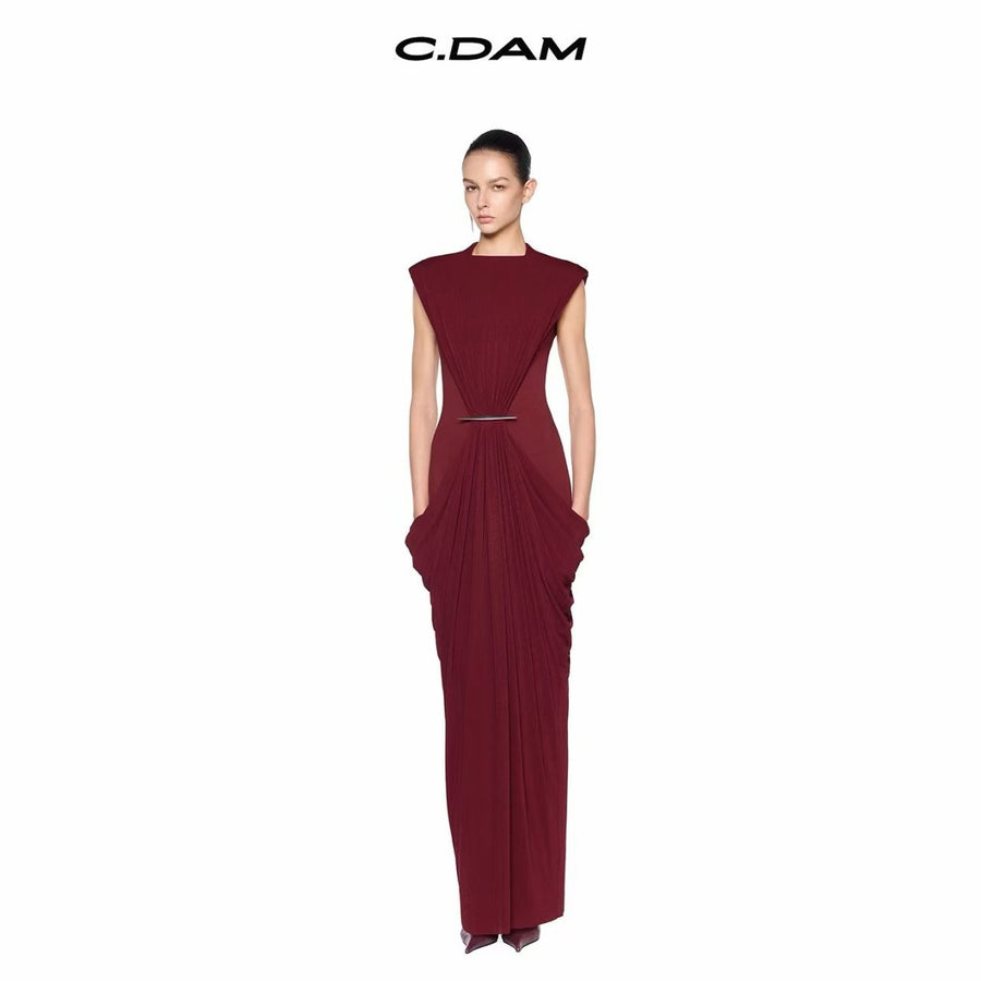 High-Neck Draped Maxi Dress — A Subtle Cut-Out with Sculptural Hip Folds